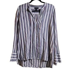 J. Crew Woman's Popover Shirt Top 12 White Blue Stripe Cotton Beachy Long Sleeve